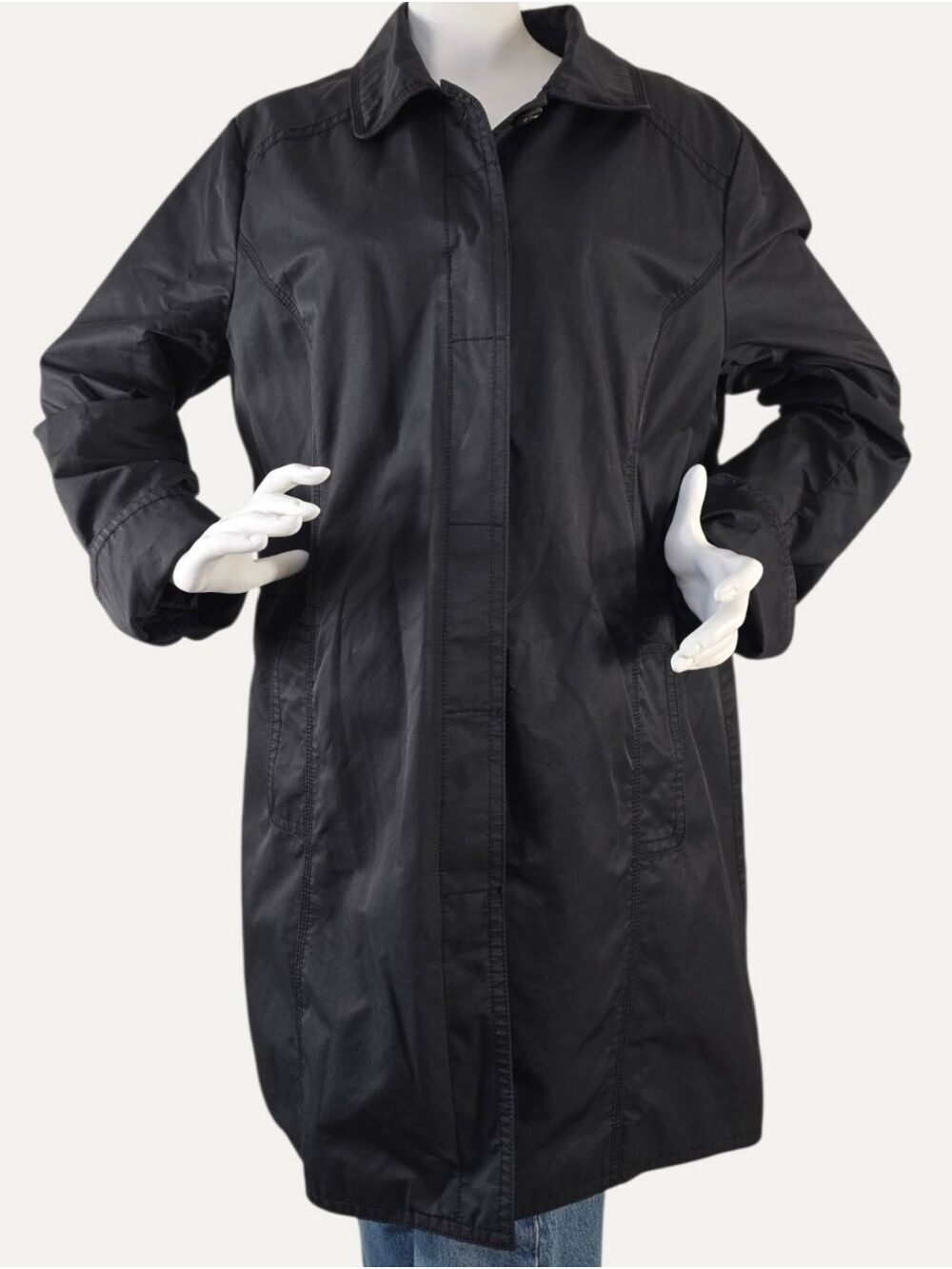 Eddie Bauer Black Trench Car Coat XL Lined Cotton Nylon Hidden Button